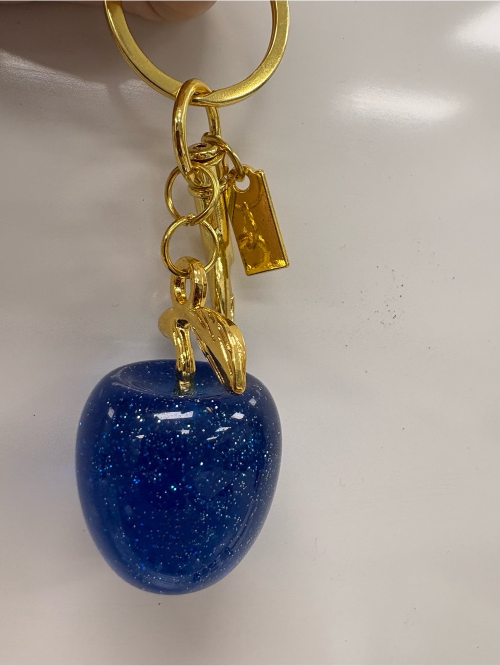 Deep Blue Glitter Resin Apple Bag Charm Keychain Gold Hardware